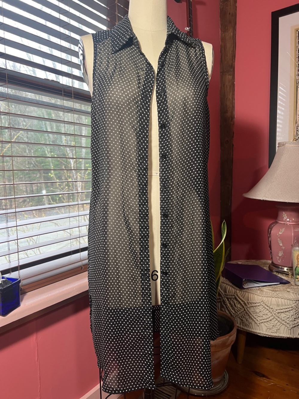 Sleeveless Polka Dot Sheer Shirt Dress - Black/White